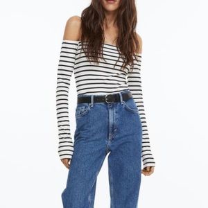 NWT H&M ribbed off the shoulder top, navy & white stripe, size S